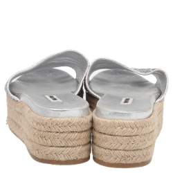 Pre Owned Miu Miu Silver Glitter Espadrille Platform Slide Sandals Size 41.5