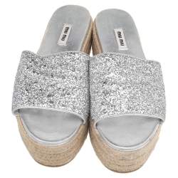 Pre Owned Miu Miu Silver Glitter Espadrille Platform Slide Sandals Size 41.5