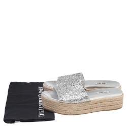 Pre Owned Miu Miu Silver Glitter Espadrille Platform Slide Sandals Size 41.5