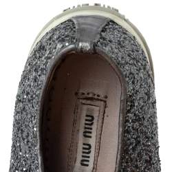 Pre Owned Miu Miu Metallic Grey Glitter And Metal Cap Toe Low Top Sneakers Size 39