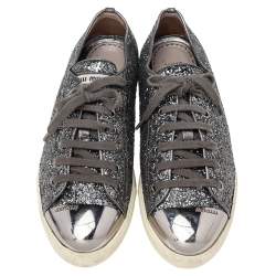 Pre Owned Miu Miu Metallic Grey Glitter And Metal Cap Toe Low Top Sneakers Size 39