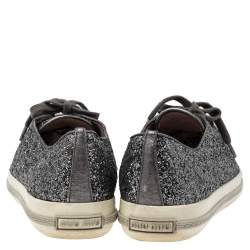 Pre Owned Miu Miu Metallic Grey Glitter And Metal Cap Toe Low Top Sneakers Size 39