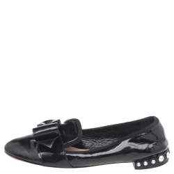 Miu Miu Black Patent Leather Bow Crystal Embellished Smoking Slippers Size 39 