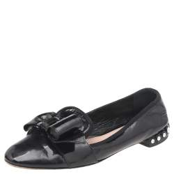 Miu Miu Black Patent Leather Bow Crystal Embellished Smoking Slippers Size 39 