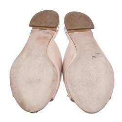 Pre Owned Miu Miu Beige Patent Leather Crystal Embellished Heel Bow Open Toe Flats Size 38.5