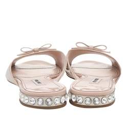 Pre Owned Miu Miu Beige Patent Leather Crystal Embellished Heel Bow Open Toe Flats Size 38.5