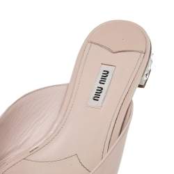 Pre Owned Miu Miu Beige Patent Leather Crystal Embellished Heel Bow Open Toe Flats Size 38.5