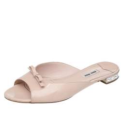 Pre Owned Miu Miu Beige Patent Leather Crystal Embellished Heel Bow Open Toe Flats Size 38.5