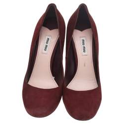 Pre Owned Miu Miu Burgundy Suede Crystal Embellished Block Heel Pumps Size 40.5