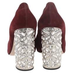 Pre Owned Miu Miu Burgundy Suede Crystal Embellished Block Heel Pumps Size 40.5