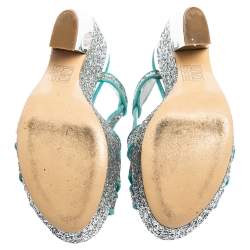 Miu Miu Turquoise Suede and Glitter Ankle Strap Platform Sandals Size 36