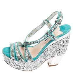 Miu Miu Turquoise Suede and Glitter Ankle Strap Platform Sandals Size 36