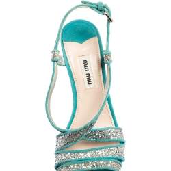 Miu Miu Turquoise Suede and Glitter Ankle Strap Platform Sandals Size 36