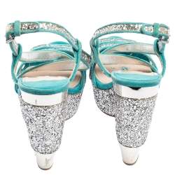 Miu Miu Turquoise Suede and Glitter Ankle Strap Platform Sandals Size 36