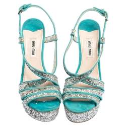 Miu Miu Turquoise Suede and Glitter Ankle Strap Platform Sandals Size 36