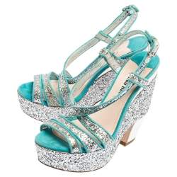 Miu Miu Turquoise Suede and Glitter Ankle Strap Platform Sandals Size 36