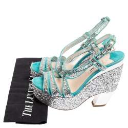 Miu Miu Turquoise Suede and Glitter Ankle Strap Platform Sandals Size 36