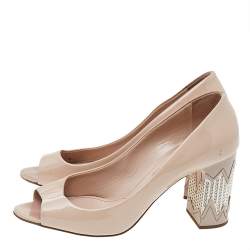 Miu Miu Beige Patent Leather Embellished Block Heel Pumps Size 38