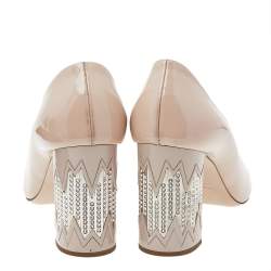 Miu Miu Beige Patent Leather Embellished Block Heel Pumps Size 38