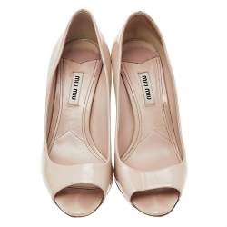 Miu Miu Beige Patent Leather Embellished Block Heel Pumps Size 38
