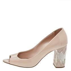 Miu Miu Beige Patent Leather Embellished Block Heel Pumps Size 38