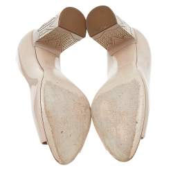 Miu Miu Beige Patent Leather Embellished Block Heel Pumps Size 38