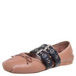 Pre Owned Miu Miu Nude Beige Leather Belted Ankle Wrap Ballerina Flats Size 39.5
