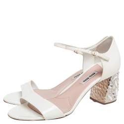 Pre Owned Miu Miu White Patent Leather Crystal Embellished Heel Sandals Size 37