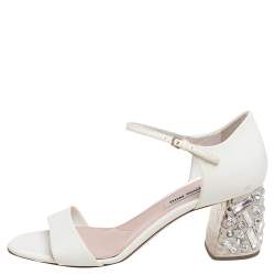 Pre Owned Miu Miu White Patent Leather Crystal Embellished Heel Sandals Size 37