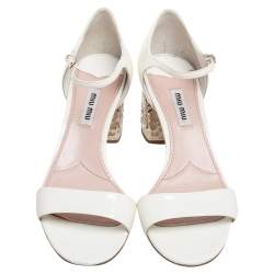 Pre Owned Miu Miu White Patent Leather Crystal Embellished Heel Sandals Size 37