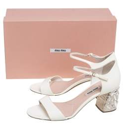 Pre Owned Miu Miu White Patent Leather Crystal Embellished Heel Sandals Size 37