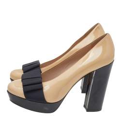 مملوكة مسبقًا Miu Miu Beige/Black Patent Leather Bow Platform Block Heel Pumps Size 38