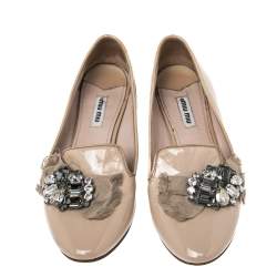 Miu Miu Nude Patent Leather Crystals Bow Ballet Flats Size 37