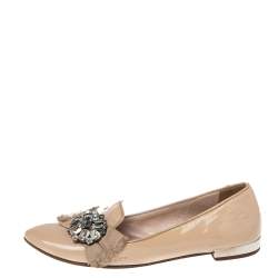 Miu Miu Nude Patent Leather Crystals Bow Ballet Flats Size 37