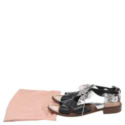 Pre Owned Miu Miu Silver-Black Patent Leather And Leather Lace Up Sandals Size 38
