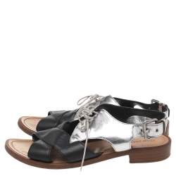 Pre Owned Miu Miu Silver-Black Patent Leather And Leather Lace Up Sandals Size 38