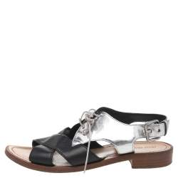 Pre Owned Miu Miu Silver-Black Patent Leather And Leather Lace Up Sandals Size 38