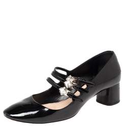 مملوكة مسبقًا حذاء كعب عالي ميو ميو جلد لامع أسود مزخرف كريستال كعب سميك مقاس 36