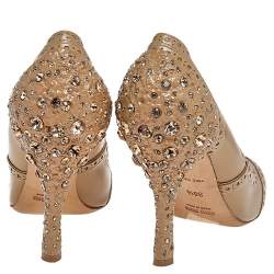 Miu Miu Brown Brogue Leather Crystal Embellished Heel Round Toe Pumps Size 36.5