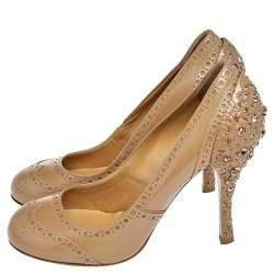 Miu Miu Brown Brogue Leather Crystal Embellished Heel Round Toe Pumps Size 36.5