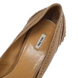 Miu Miu Brown Brogue Leather Crystal Embellished Heel Round Toe Pumps Size 36.5
