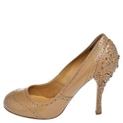 Miu Miu Brown Brogue Leather Crystal Embellished Heel Round Toe Pumps Size 36.5