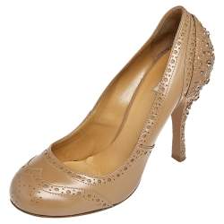Miu Miu Brown Brogue Leather Crystal Embellished Heel Round Toe Pumps Size 36.5