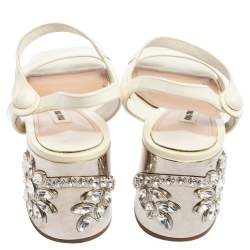 مملوكة مسبقًا Miu Miu White Patent Leather Crystal Embellished Heel Ankle Strap Sandals Size 38