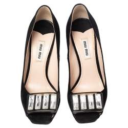 Miu Miu Black Suede Crystal Embellished Peep Toe Platform Pumps Size 37