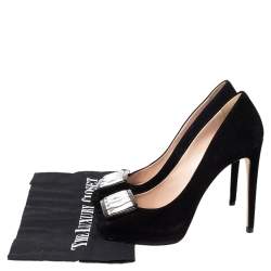Miu Miu Black Suede Crystal Embellished Peep Toe Platform Pumps Size 37