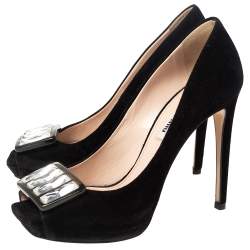 Miu Miu Black Suede Crystal Embellished Peep Toe Platform Pumps Size 37