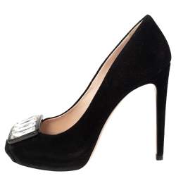 Miu Miu Black Suede Crystal Embellished Peep Toe Platform Pumps Size 37