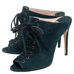 Miu Miu Green Suede Peep Toe Lace Up Mules Size 37.5
