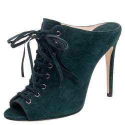 Miu Miu Green Suede Peep Toe Lace Up Mules Size 37.5